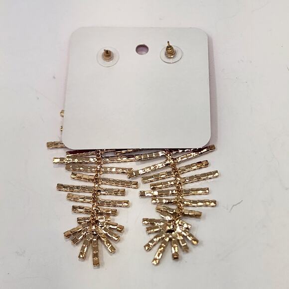 Sassy Jones Fish Bone Gold Tone Crystal Post Earrings Statement Drama Dangle - Picture 4 of 5